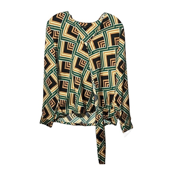 Drew Vienna Blouse Abstract Green Geometric Lightweight Relaxed Fit Wrap Tie Top - Picture 6 of 9
